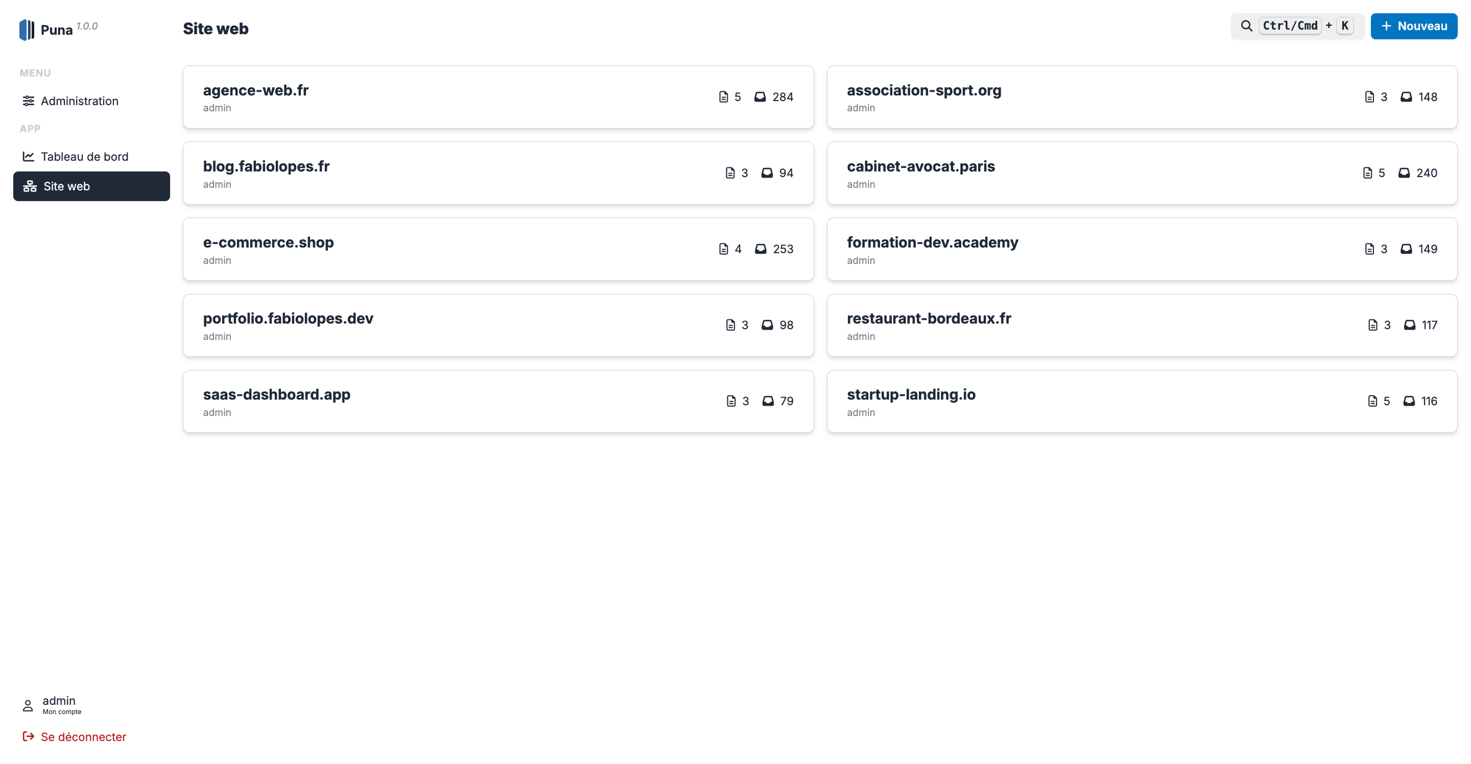 Liste des sites web connectés dans Puna