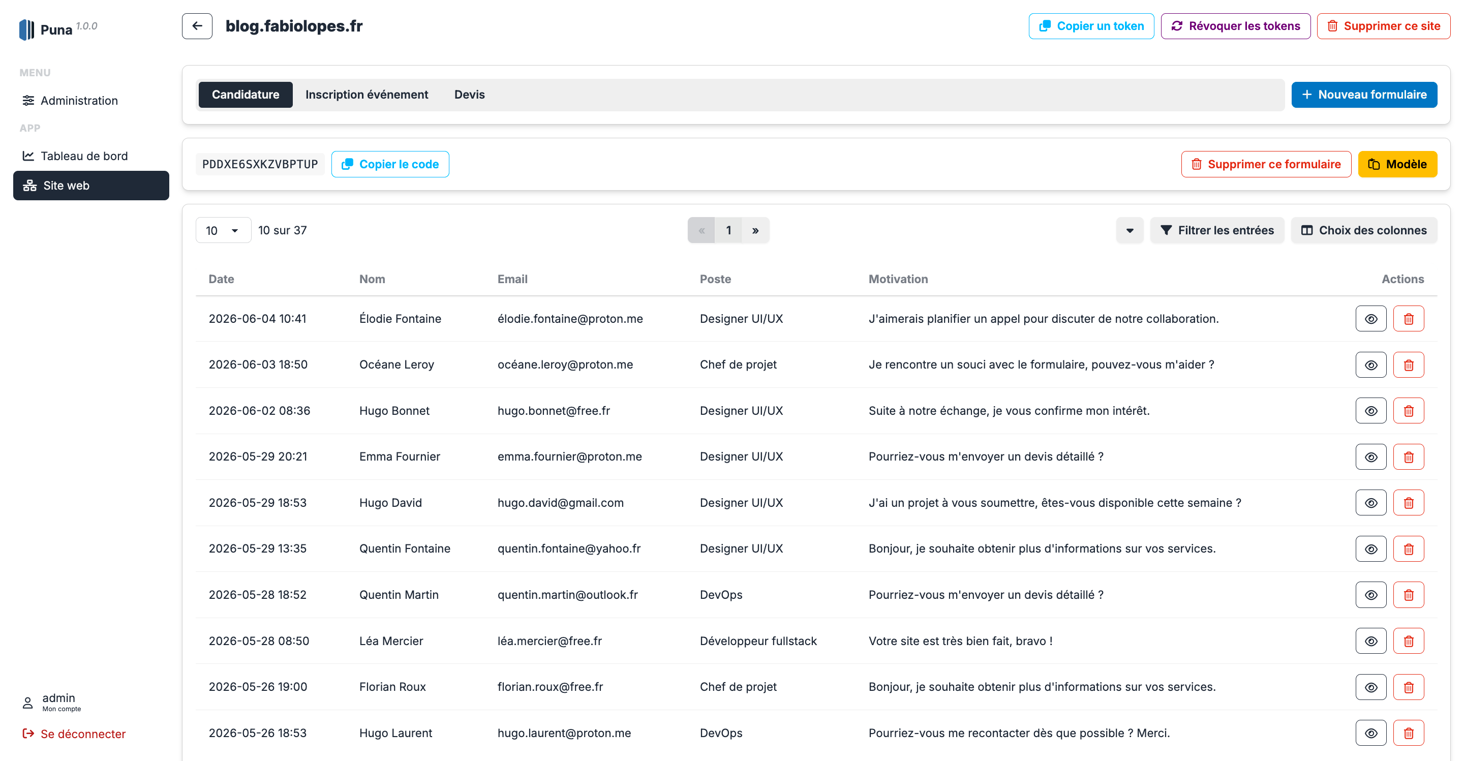 Fiche d'un site Puna avec formulaires, token API et actions de configuration