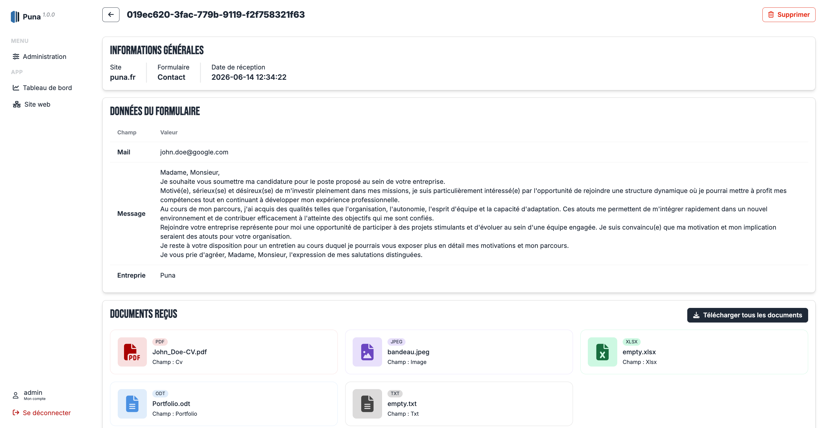 Détail d'une soumission Puna avec données du formulaire et documents reçus