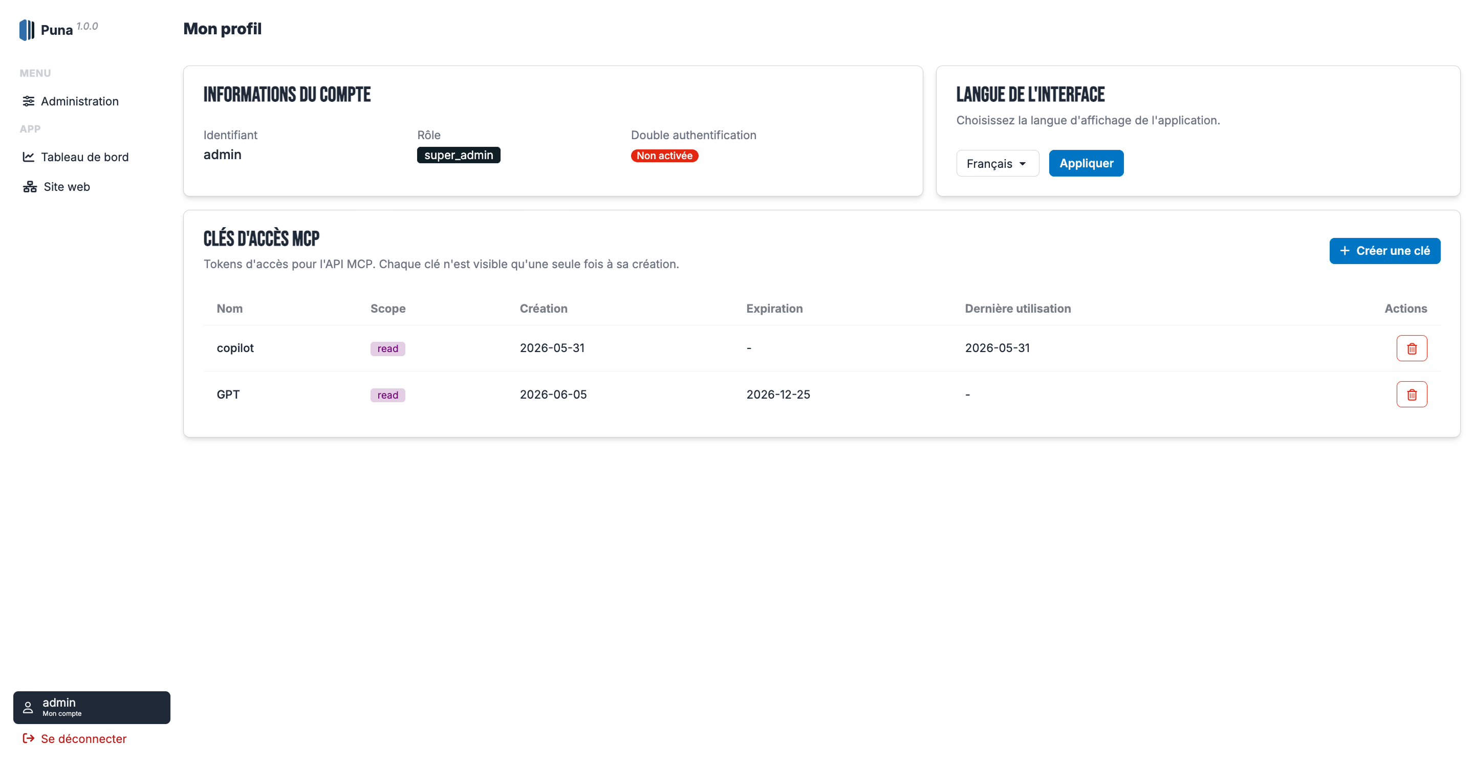 Page profil Puna avec informations du compte et clés d'accès MCP